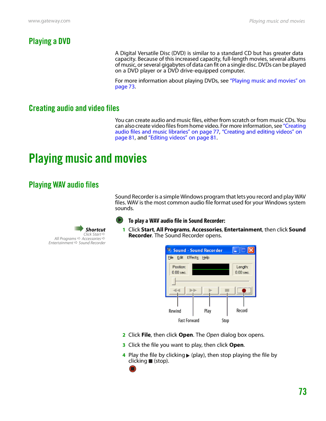 Gateway GT4015H manual Playing music and movies, Playing a DVD, Creating audio and video files, Playing WAV audio files 