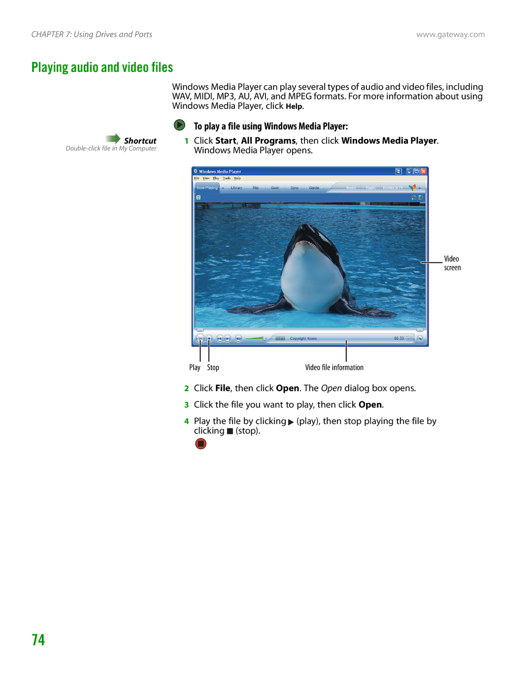 Gateway GT4015H manual Playing audio and video files, To play a file using Windows Media Player 