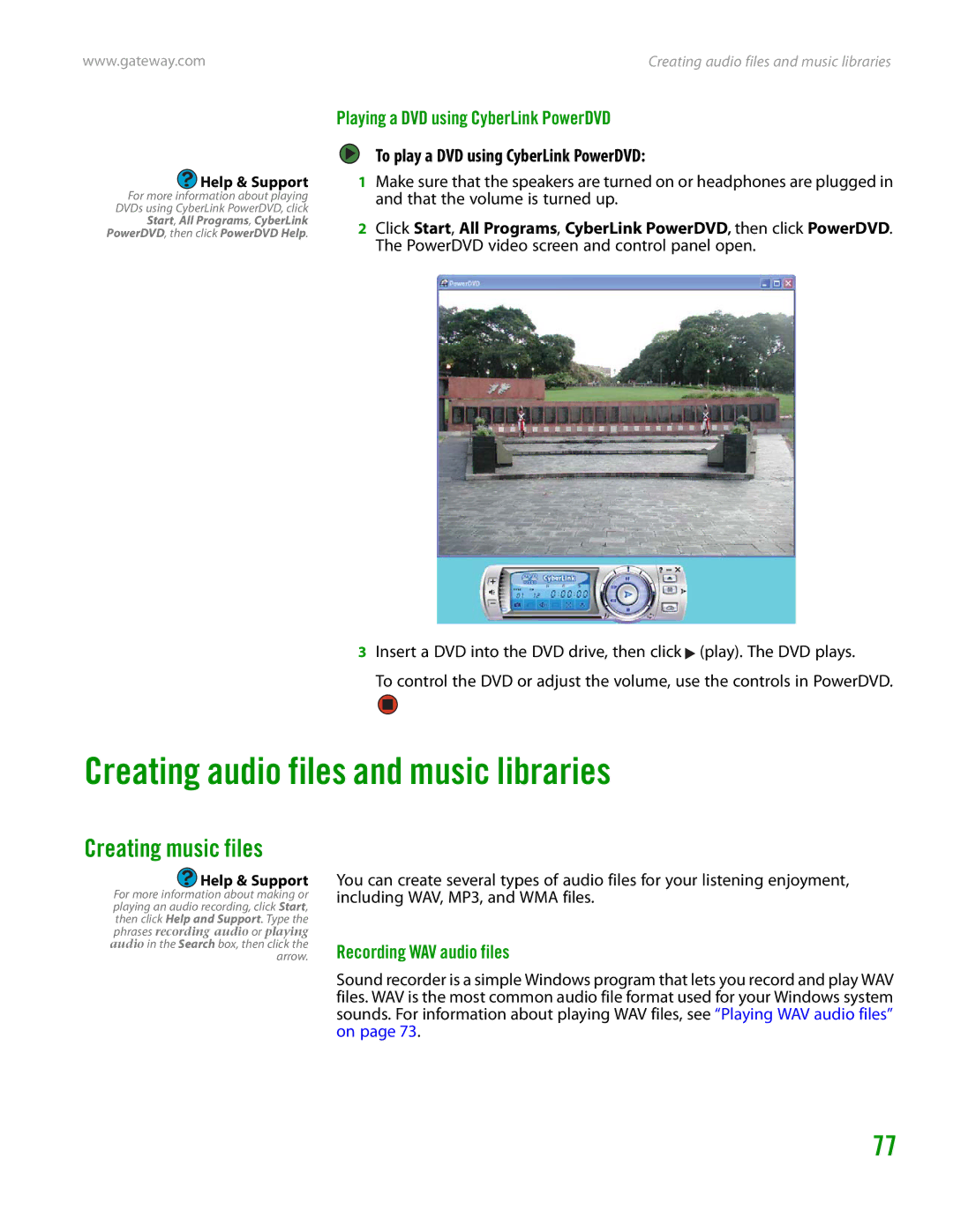 Gateway GT4015H Creating audio files and music libraries, Creating music files, Playing a DVD using CyberLink PowerDVD 