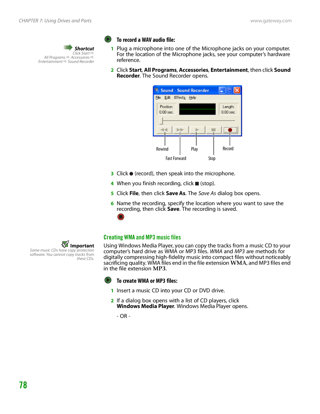 Gateway GT4015H manual To record a WAV audio file, Creating WMA and MP3 music files, To create WMA or MP3 files 