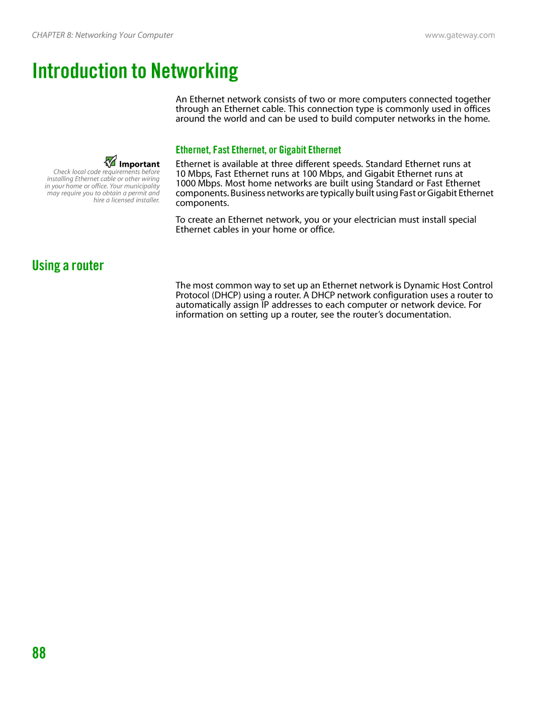 Gateway GT4015H manual Introduction to Networking, Using a router, Ethernet, Fast Ethernet, or Gigabit Ethernet 