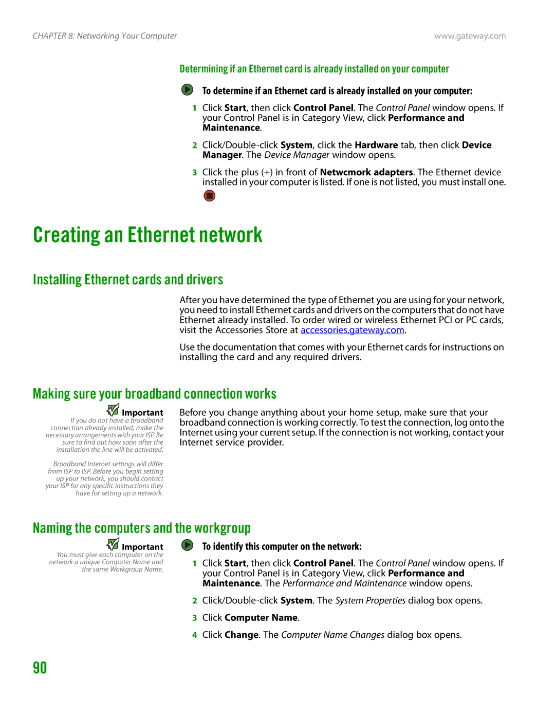 Gateway GT4015H manual Creating an Ethernet network, Installing Ethernet cards and drivers 