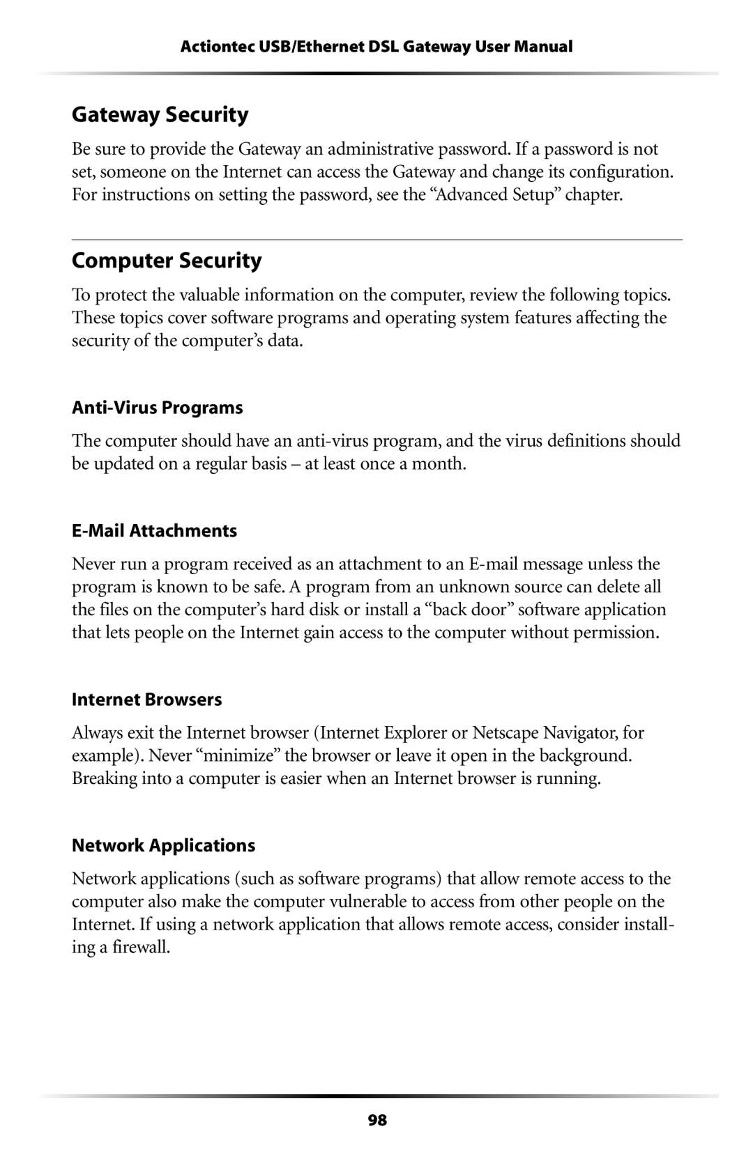 Gateway GT704 user manual Gateway Security, Computer Security, Internet Browsers 