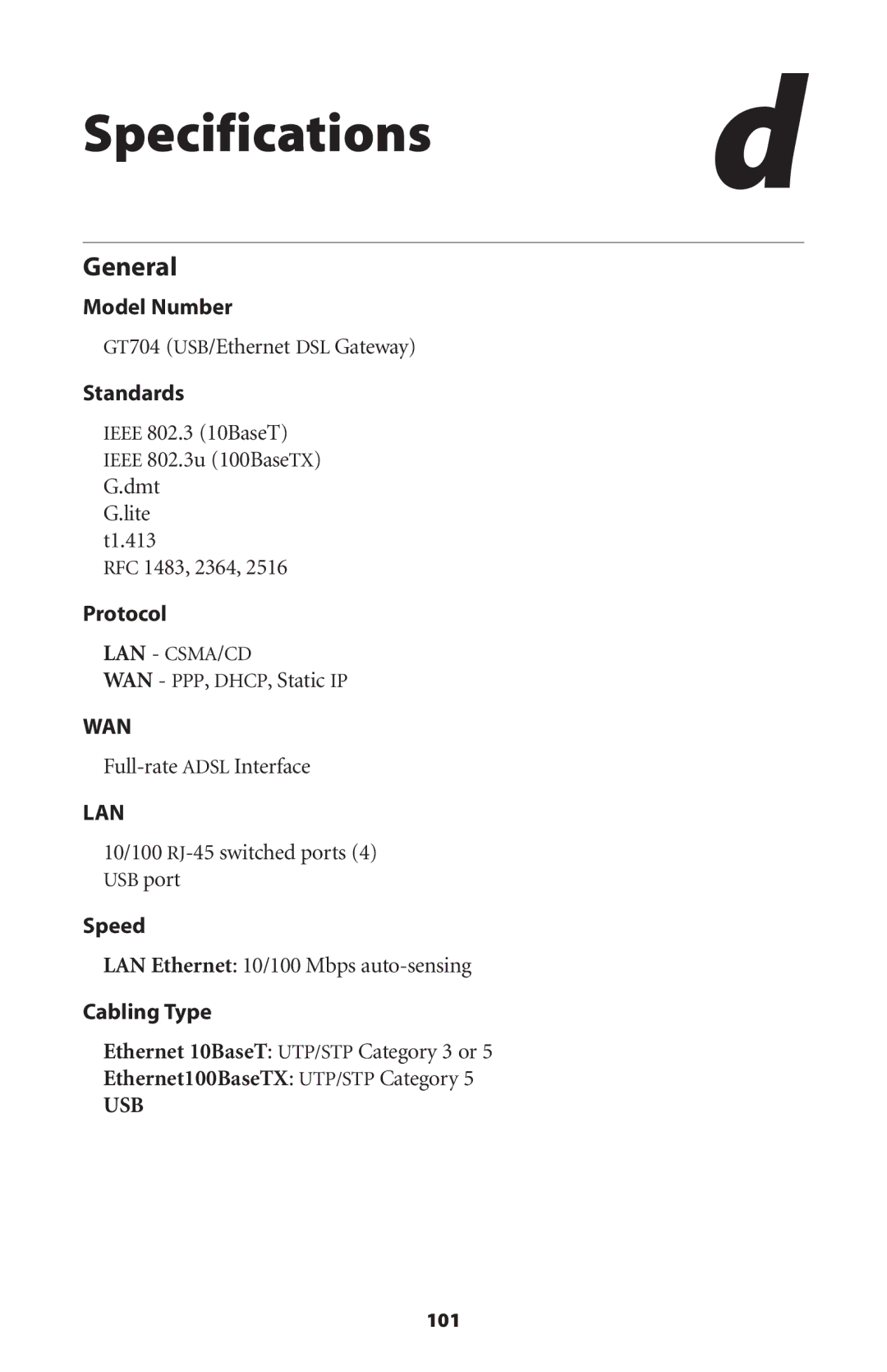 Gateway GT704 user manual Specifications d, General, WAN PPP, DHCP, Static IP, Full-rate Adsl Interface 