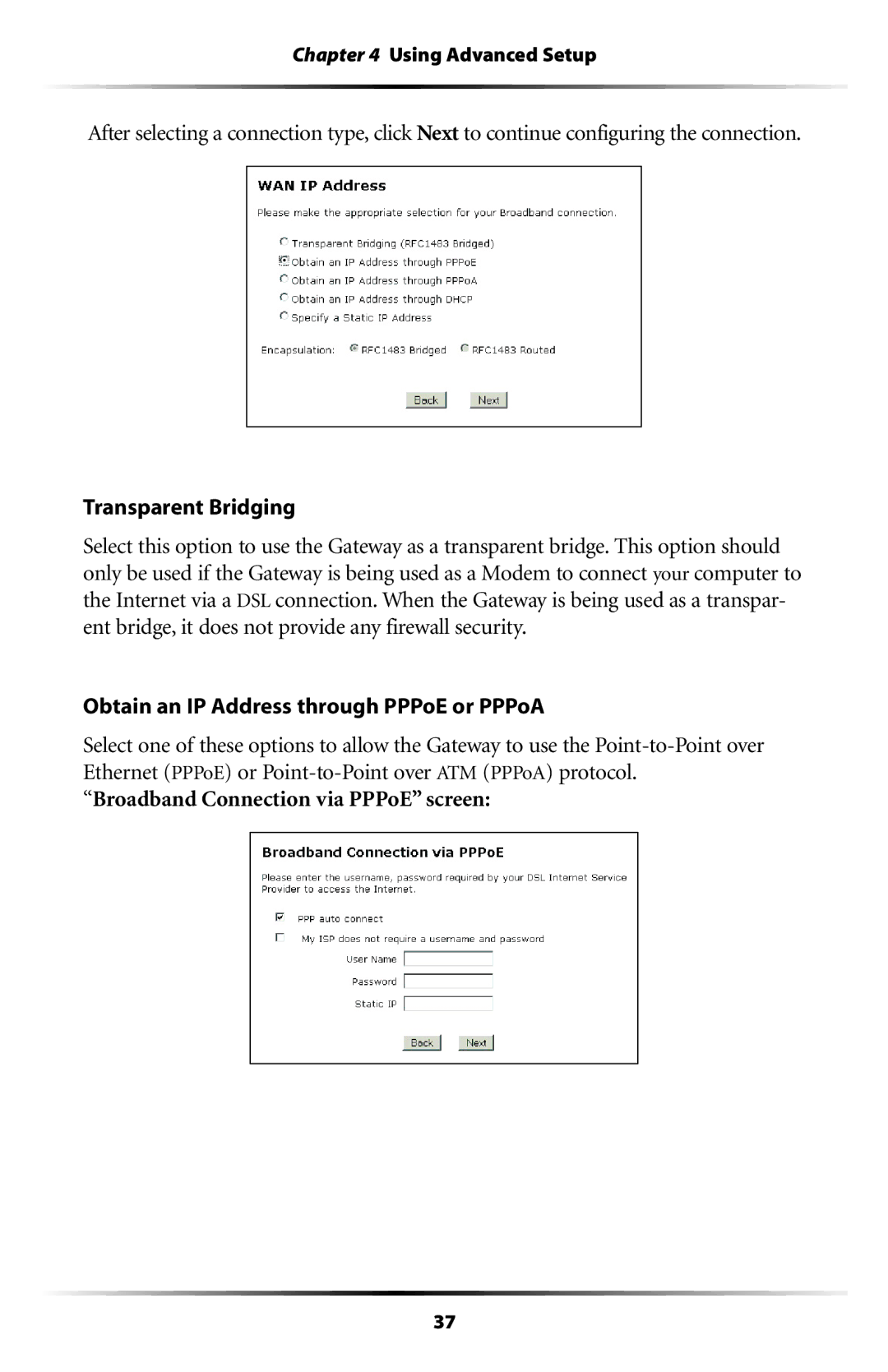 Gateway GT704 Transparent Bridging, Obtain an IP Address through PPPoE or PPPoA, Broadband Connection via PPPoE screen 