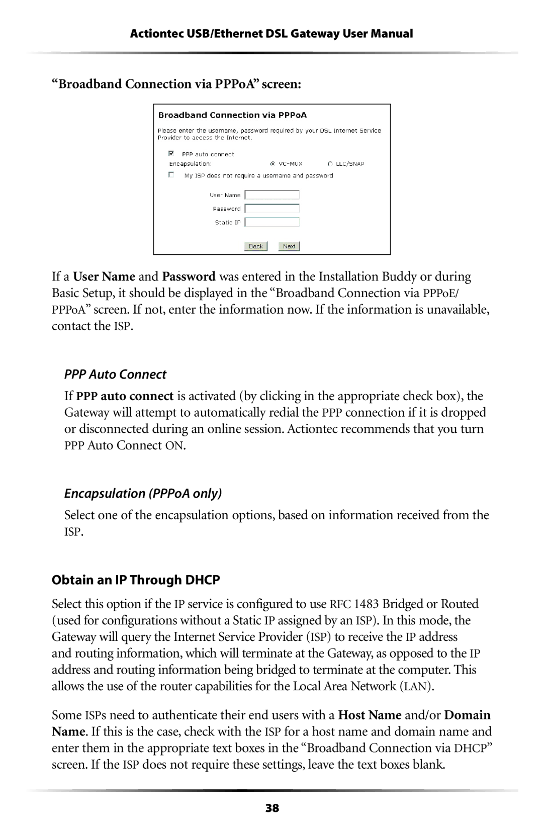 Gateway GT704 user manual PPP Auto Connect on, Encapsulation PPPoA only 