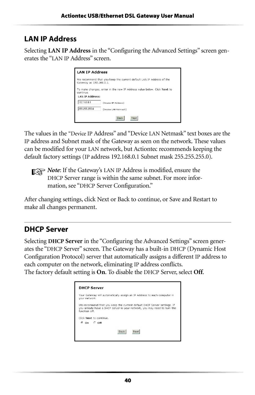 Gateway GT704 user manual LAN IP Address, Dhcp Server 