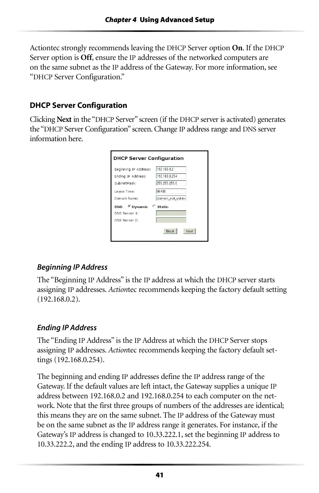 Gateway GT704 user manual Beginning IP Address, Ending IP Address 