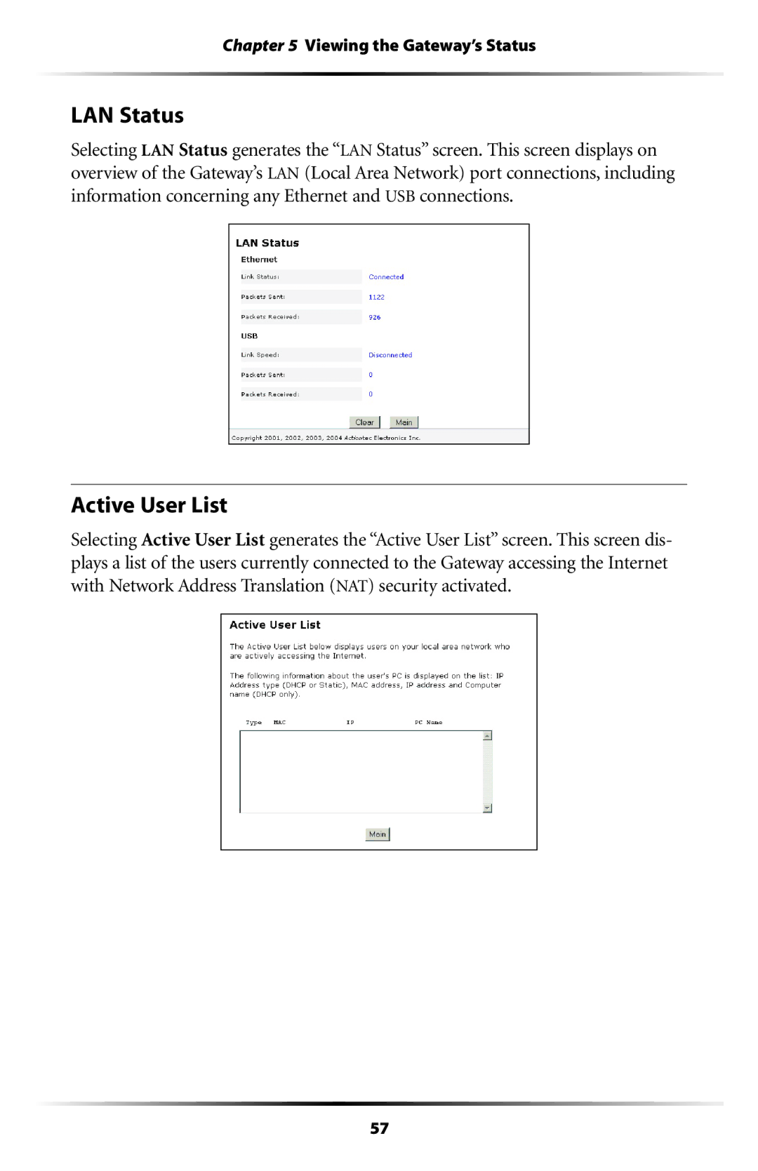 Gateway GT704 user manual LAN Status, Active User List 