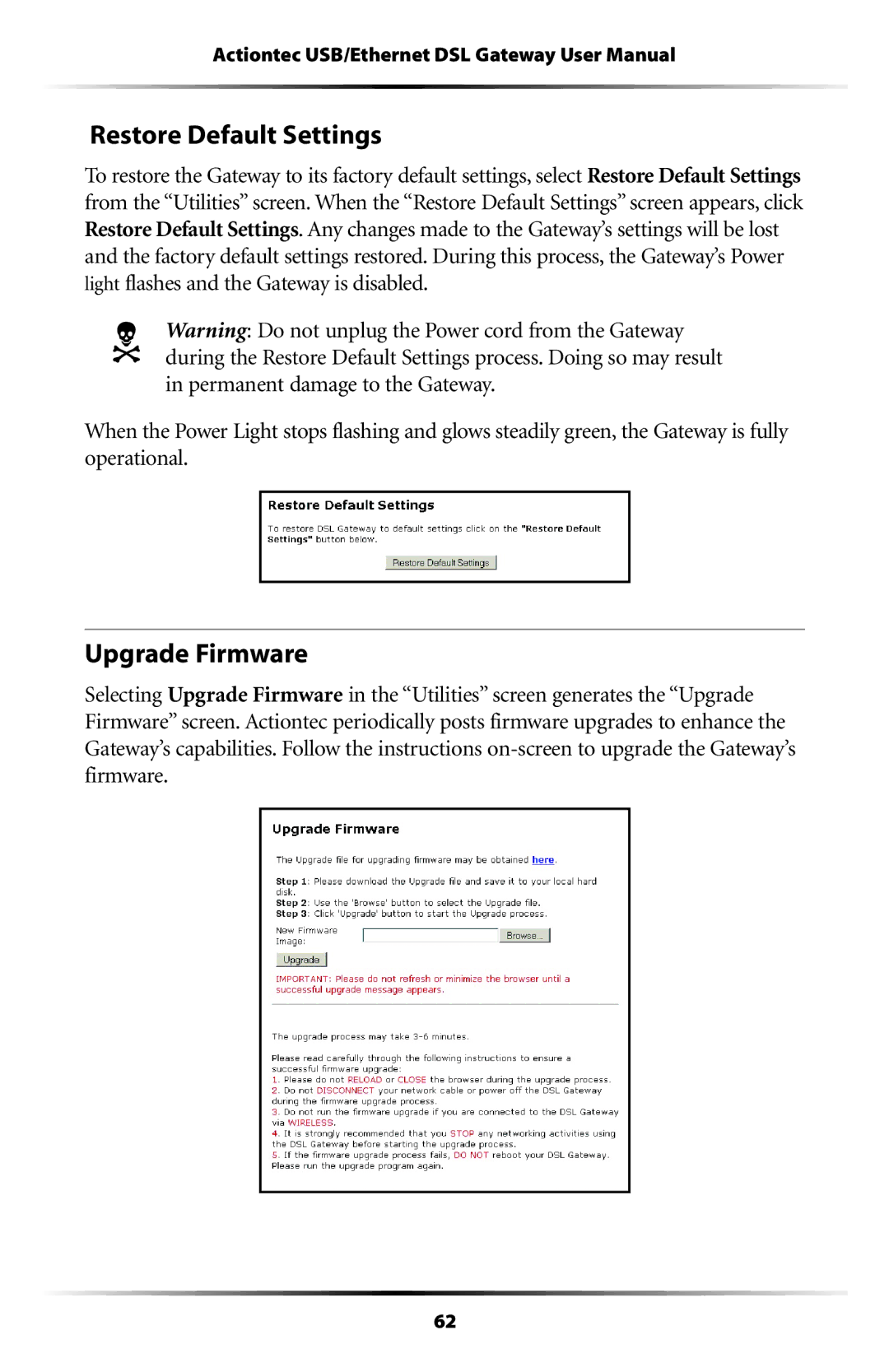 Gateway GT704 user manual Restore Default Settings, Upgrade Firmware 