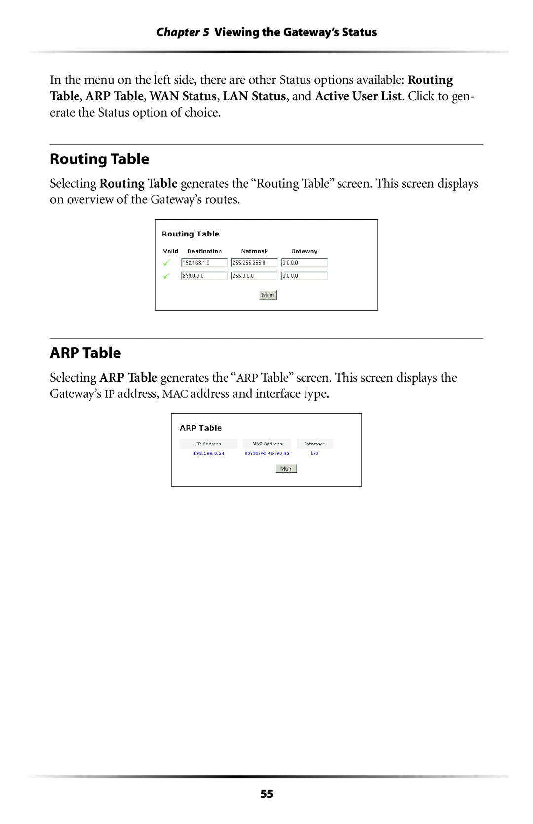 Gateway GT704 user manual Routing Table, ARP Table, Viewing the Gateway’s Status 