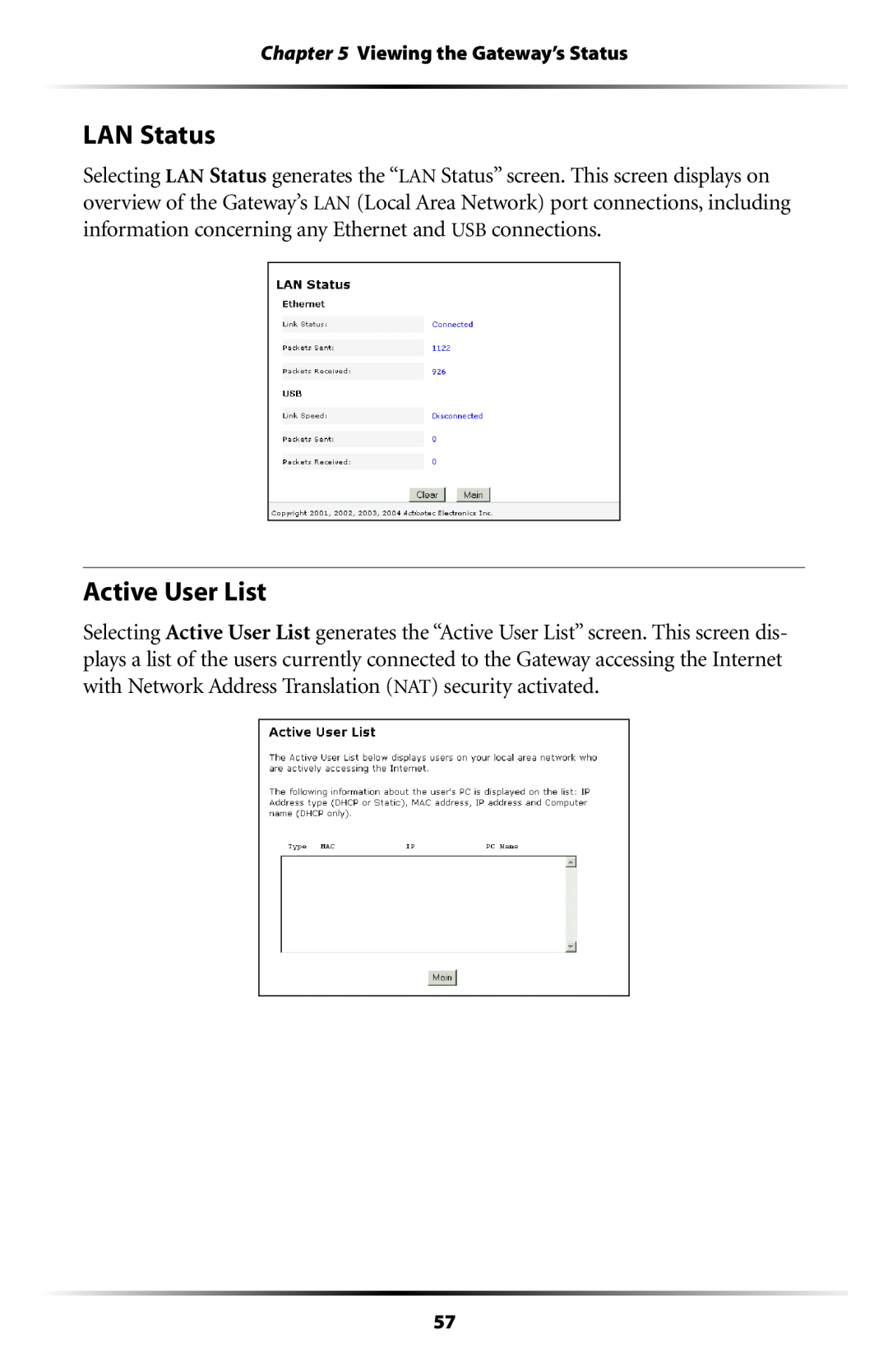 Gateway GT704 user manual LAN Status, Active User List, Viewing the Gateway’s Status 