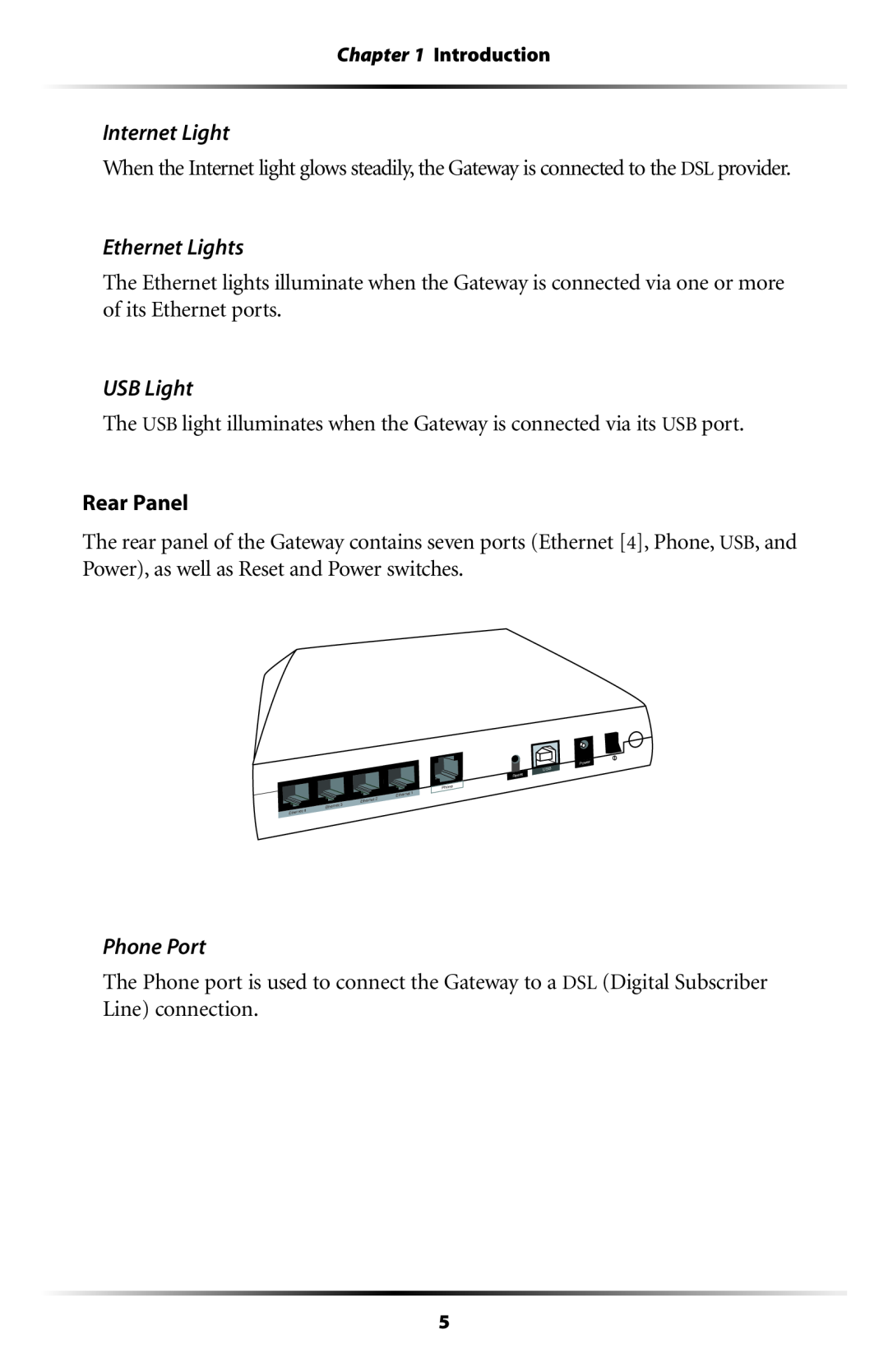 Gateway GT704 user manual Internet Light, Ethernet Lights, USB Light, Phone Port, Rear Panel 