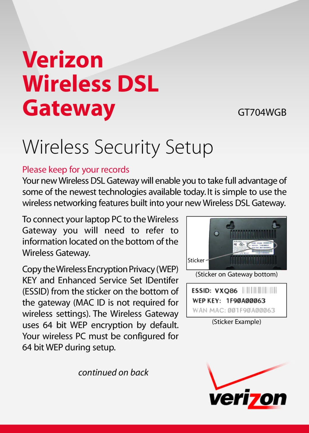 Gateway GT704WGB manual Verizon Wireless DSL Gateway, Wireless Security Setup, Please keep for your records, On back 