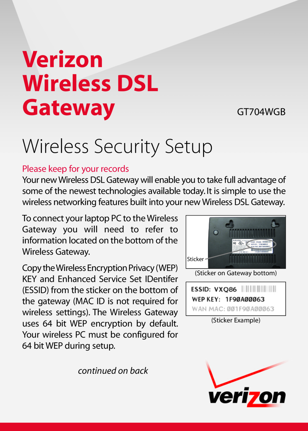 Gateway GT704WGB manual continued on back, Verizon Wireless DSL, Gateway, Wireless Security Setup 