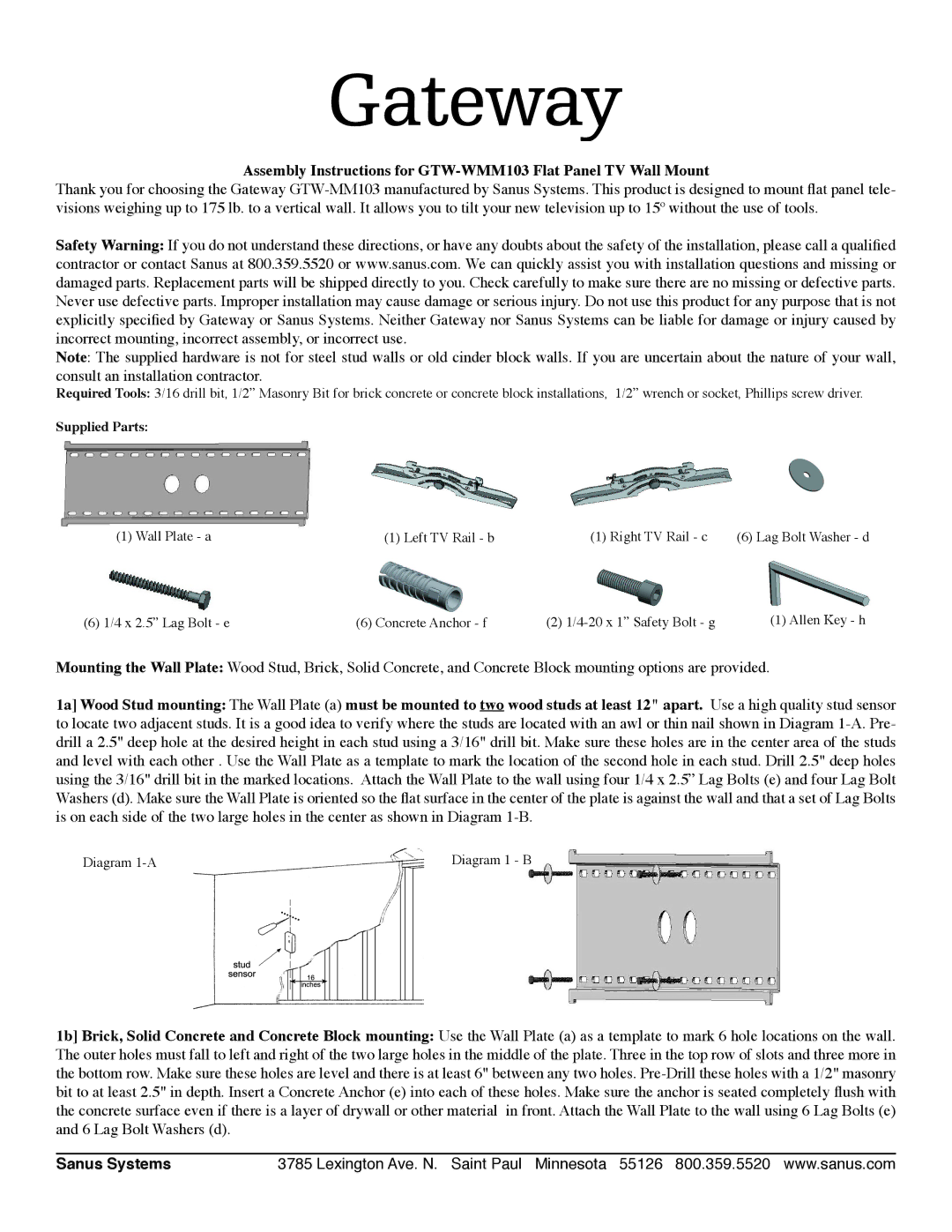 Gateway GTW-WMM103 manual Sanus Systems, Supplied Parts 