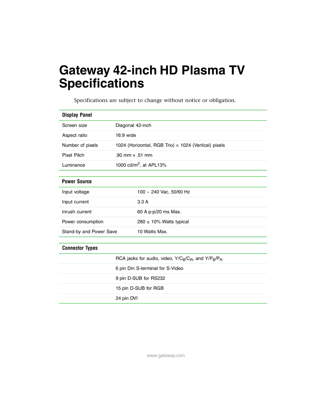 Gateway HD Plasma TV specifications Display Panel, Power Source, Connector Types 