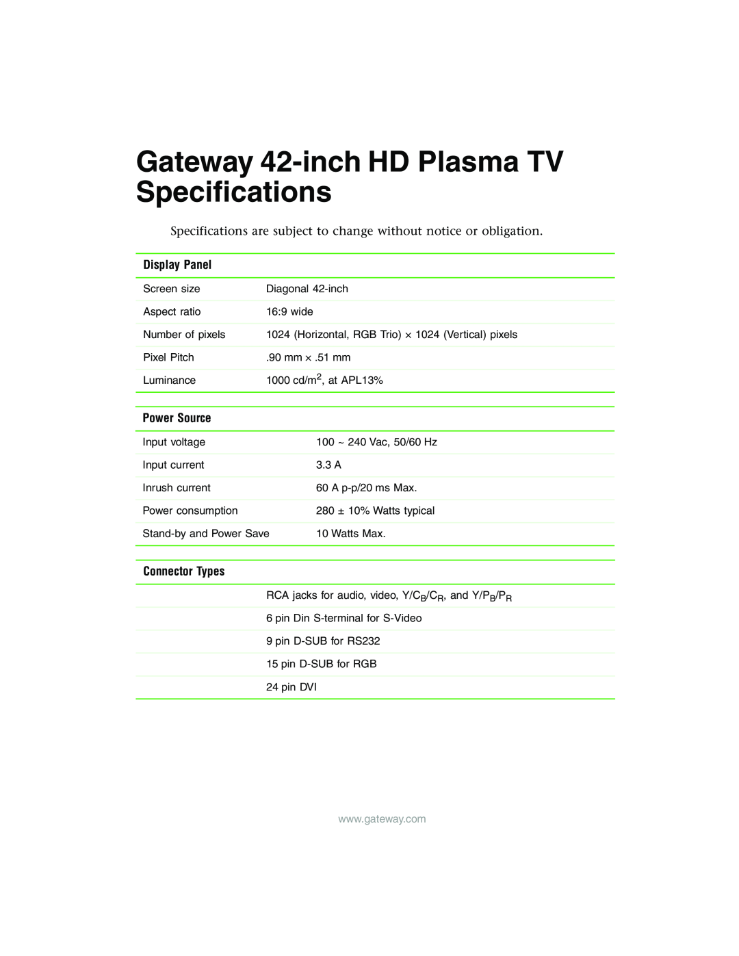Gateway HD Plasma TV specifications Specifications are subject to change without notice or obligation, Display Panel 