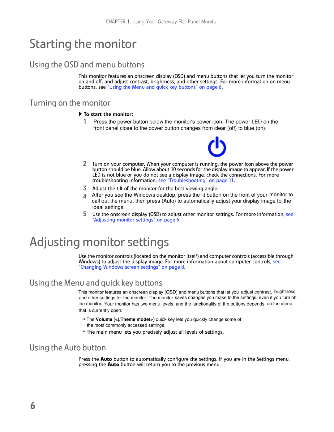 Gateway HD2202 manual Starting the monitor, Adjusting monitor settings 