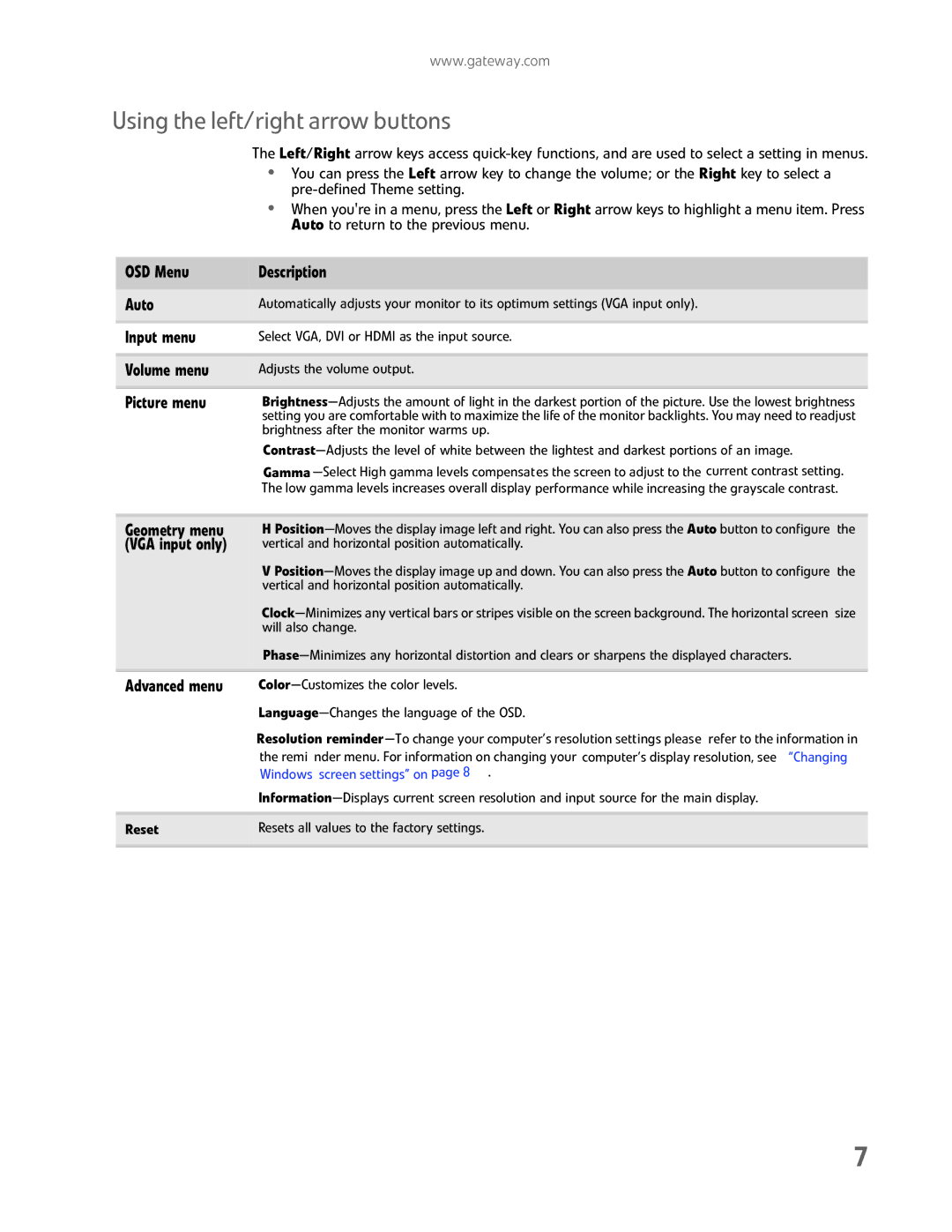 Gateway HD2202 manual Using the left/right arrow buttons, Geometry menu, VGA input only, Advanced menu 