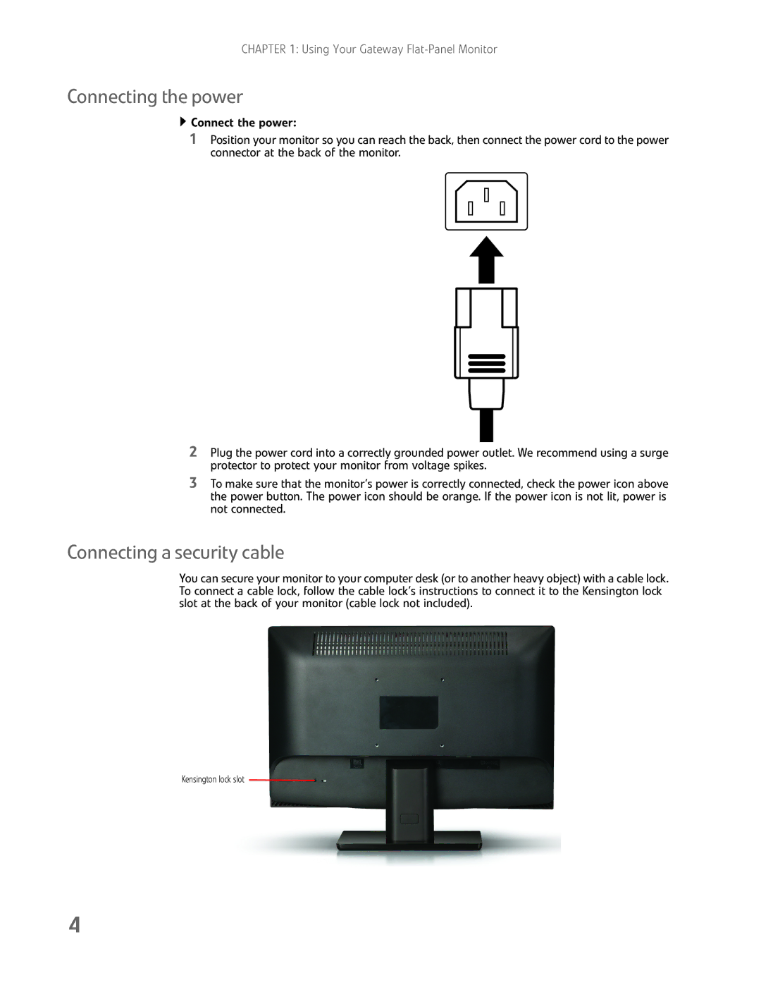 Gateway HD2202 manual Connecting the power, Connecting a security cable 