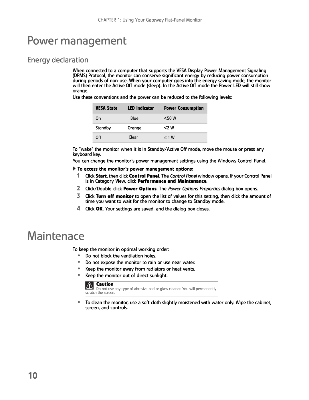 Gateway HD2202 manual Power management, Maintenace, Energy declaration, VESA State, LED Indicator 