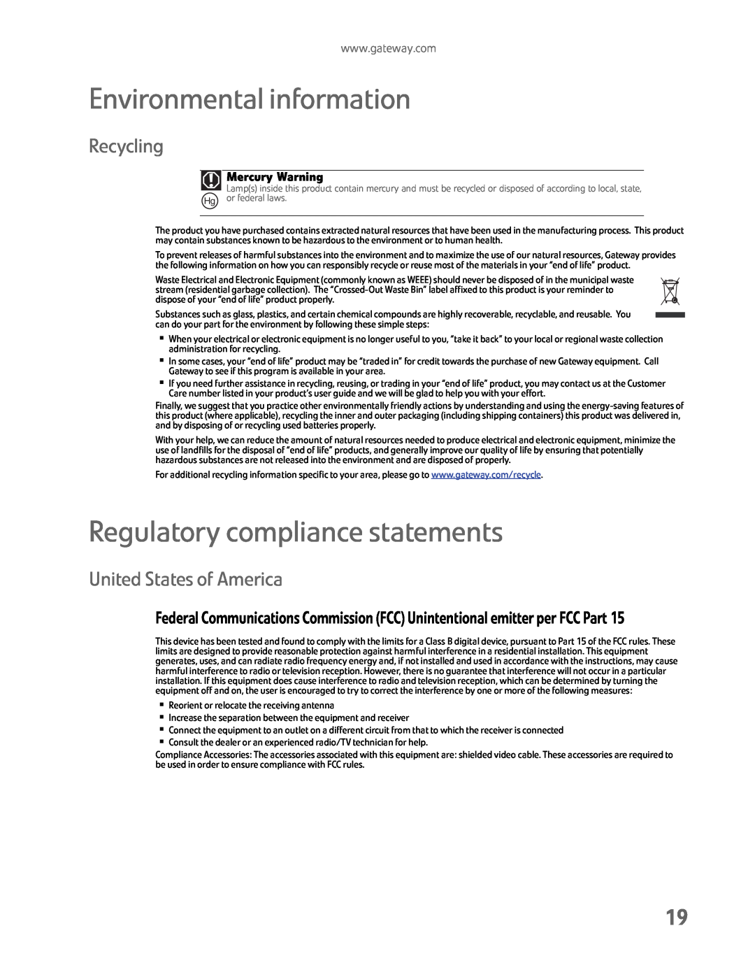 Gateway HD2202 manual Environmental information, Regulatory compliance statements, Recycling, United States of America 
