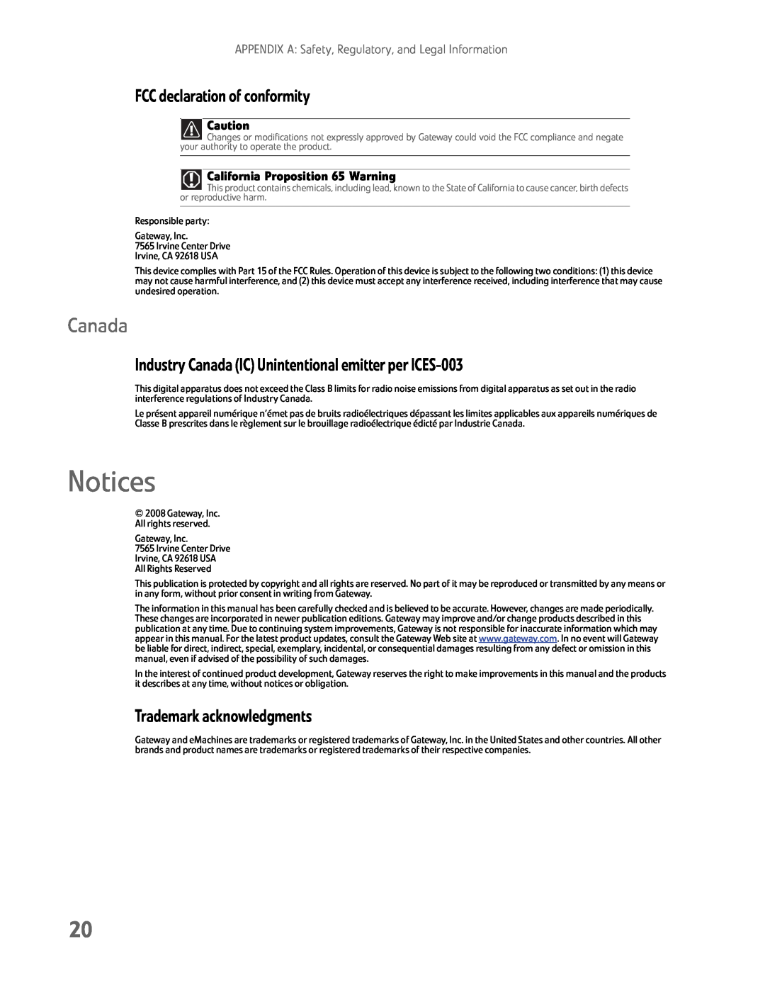 Gateway HD2202 manual Notices, FCC declaration of conformity, Industry Canada IC Unintentional emitter per ICES-003 