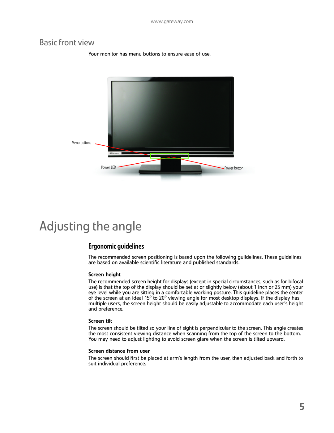 Gateway HD2202 manual Adjusting the angle, Basic front view, Ergonomic guidelines 