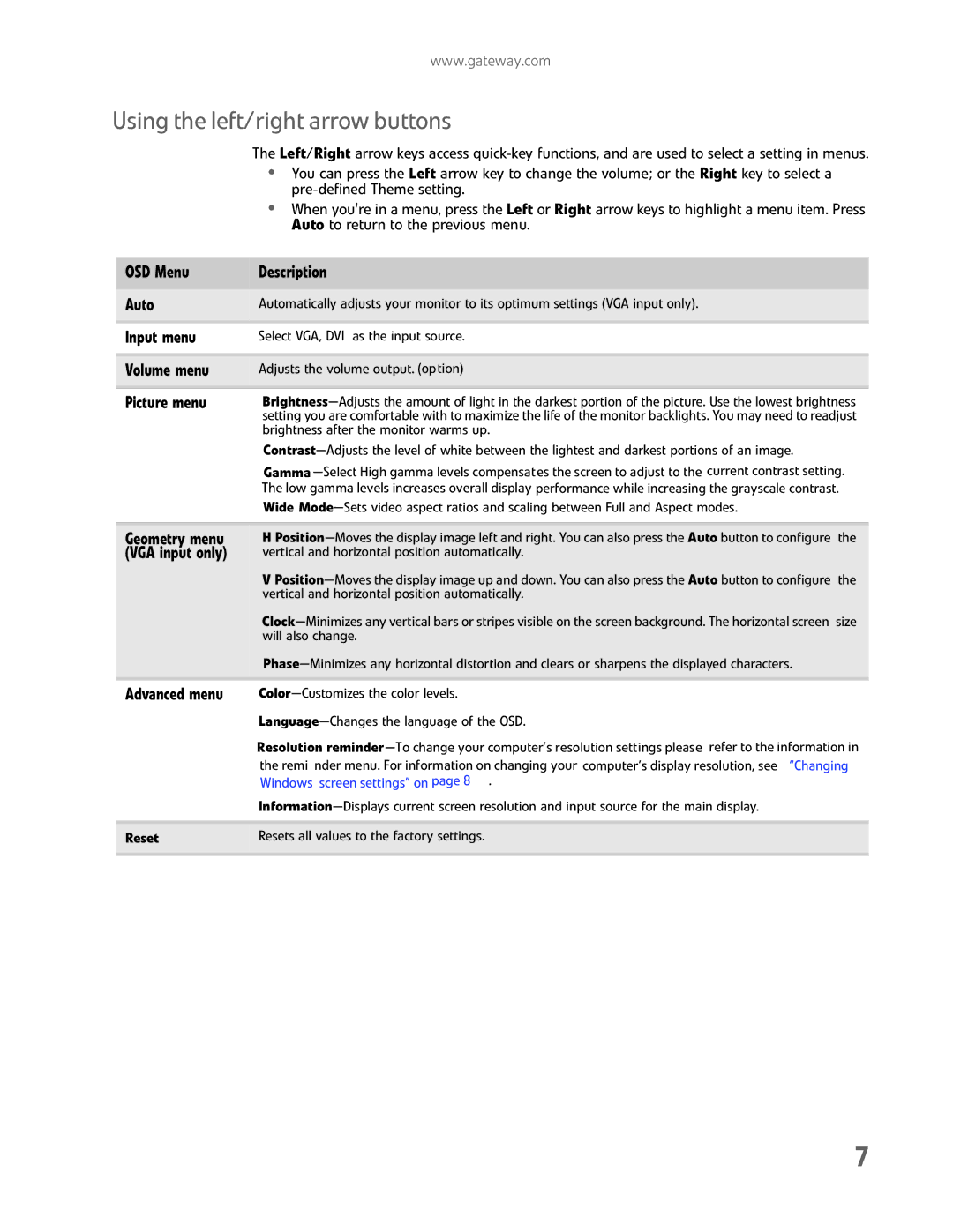 Gateway HX2000 manual Using the left/right arrow buttons, Geometry menu, VGA input only, Advanced menu 