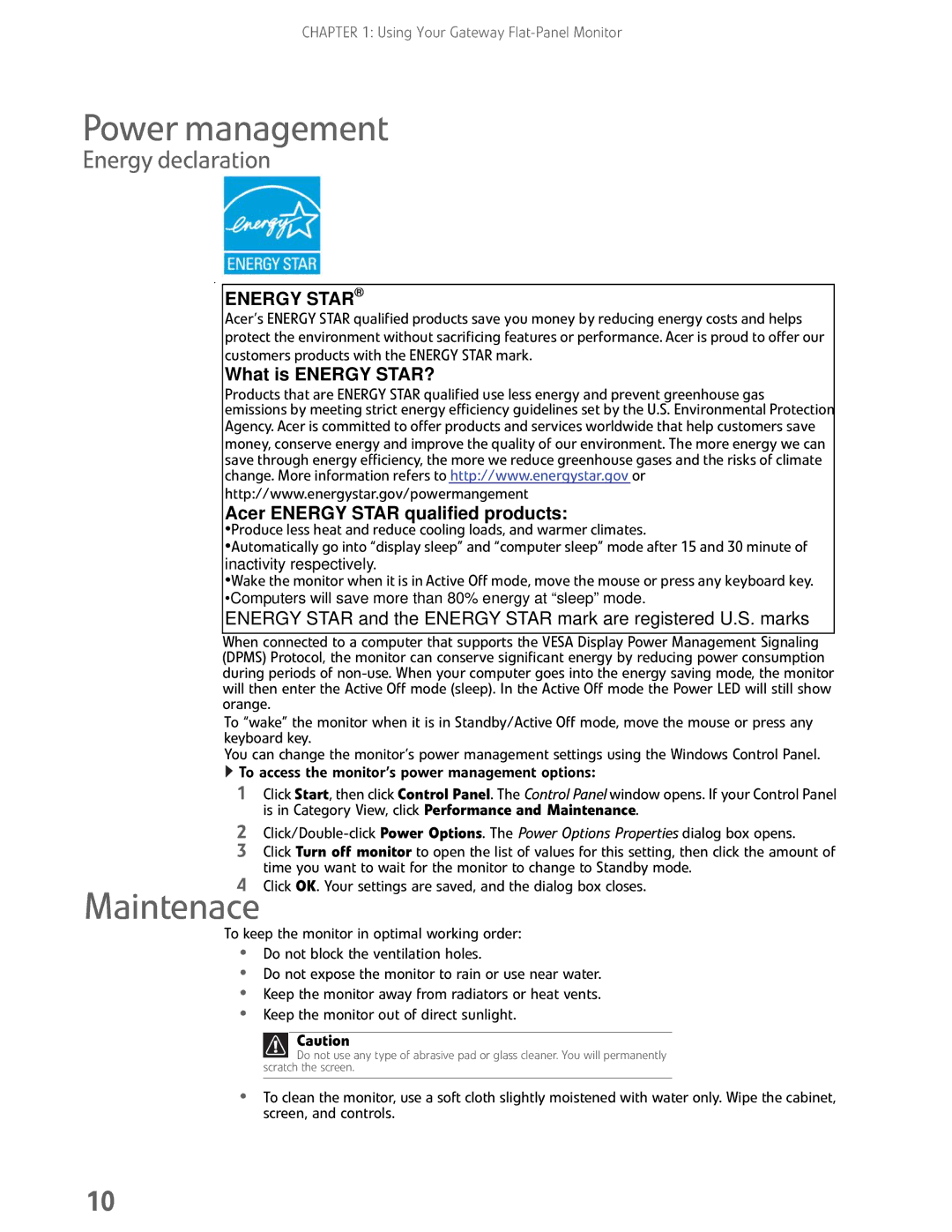 Gateway HX2000 manual Power management, Maintenace, Energy declaration 