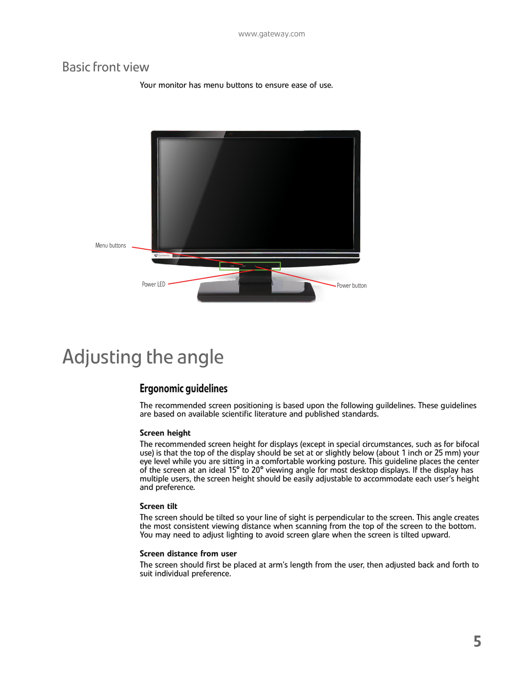 Gateway HX2000 manual Adjusting the angle, Basic front view 