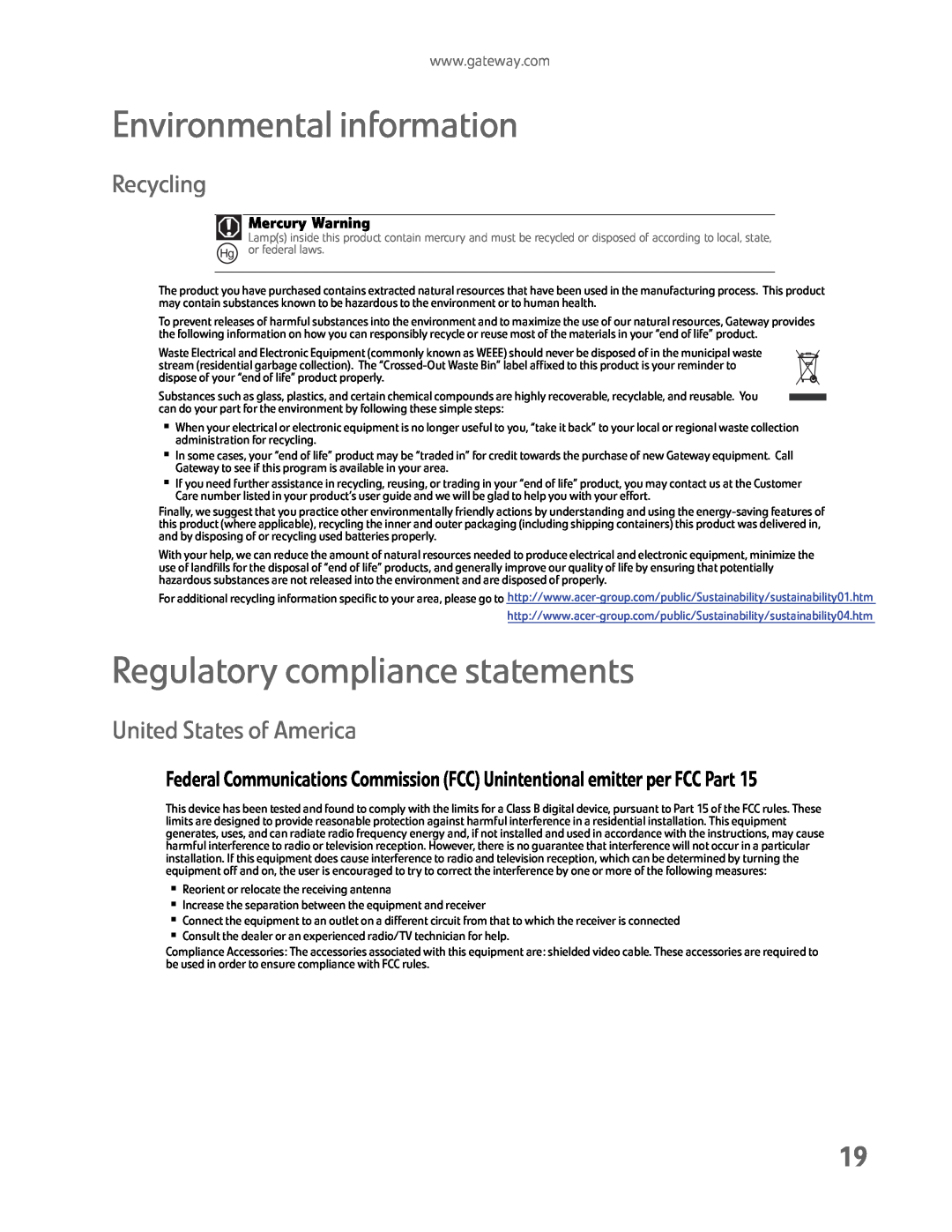 Gateway HX2000 manual Environmental information, Regulatory compliance statements, Recycling, United States of America 