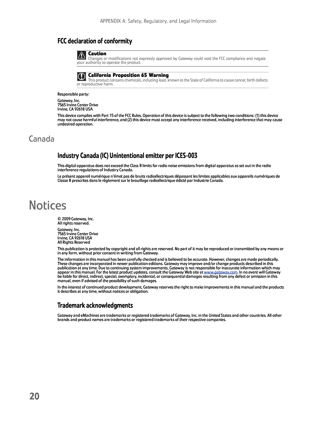 Gateway HX2000 manual Notices, FCC declaration of conformity, Industry Canada IC Unintentional emitter per ICES-003 