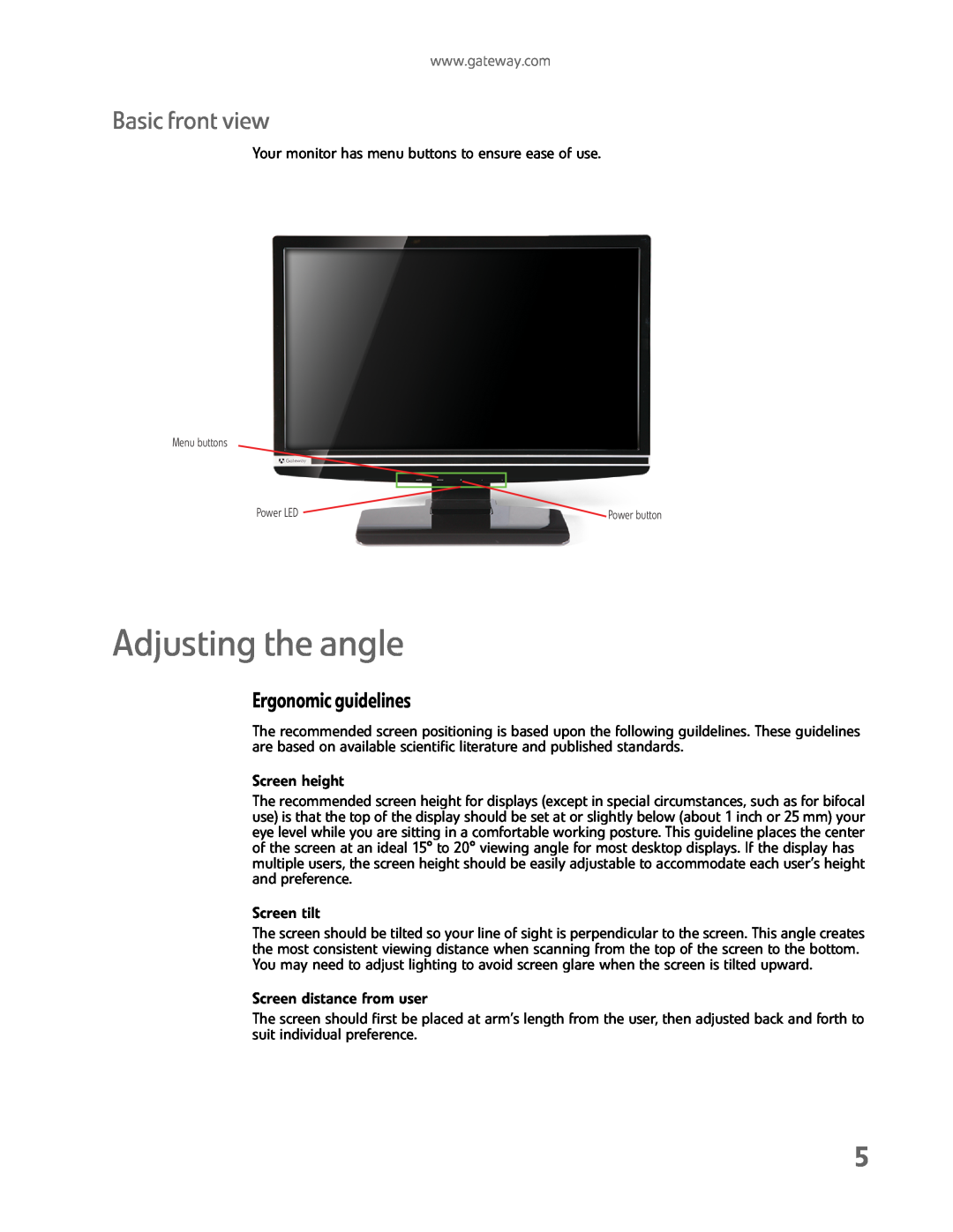 Gateway HX2000 manual Adjusting the angle, Basic front view, Ergonomic guidelines 