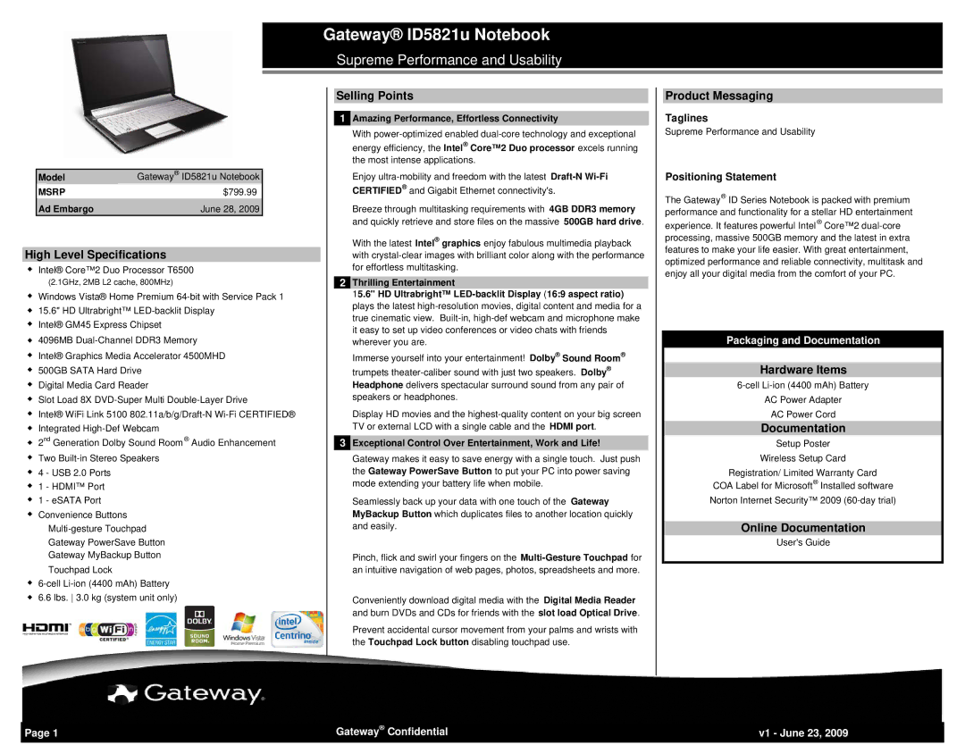 Gateway ID5821U manual High Level Specifications, Selling Points, Product Messaging, Hardware Items, Documentation 