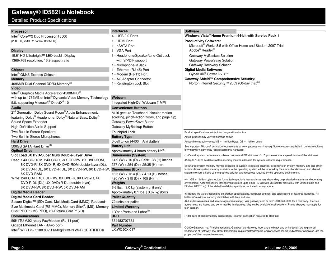 Gateway ID5821U Processor, Display, Chipset, Memory, Video, Audio, Hard Drive, Communications, Interfaces, Webcam, Weights 