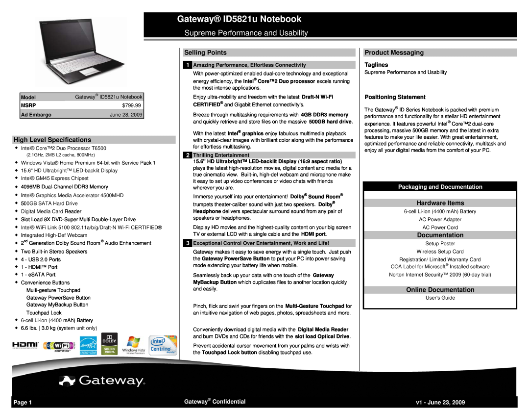 Gateway ID5821U Supreme Performance and Usability, Packaging and Documentation, Page, Gateway ID5821u Notebook, Taglines 