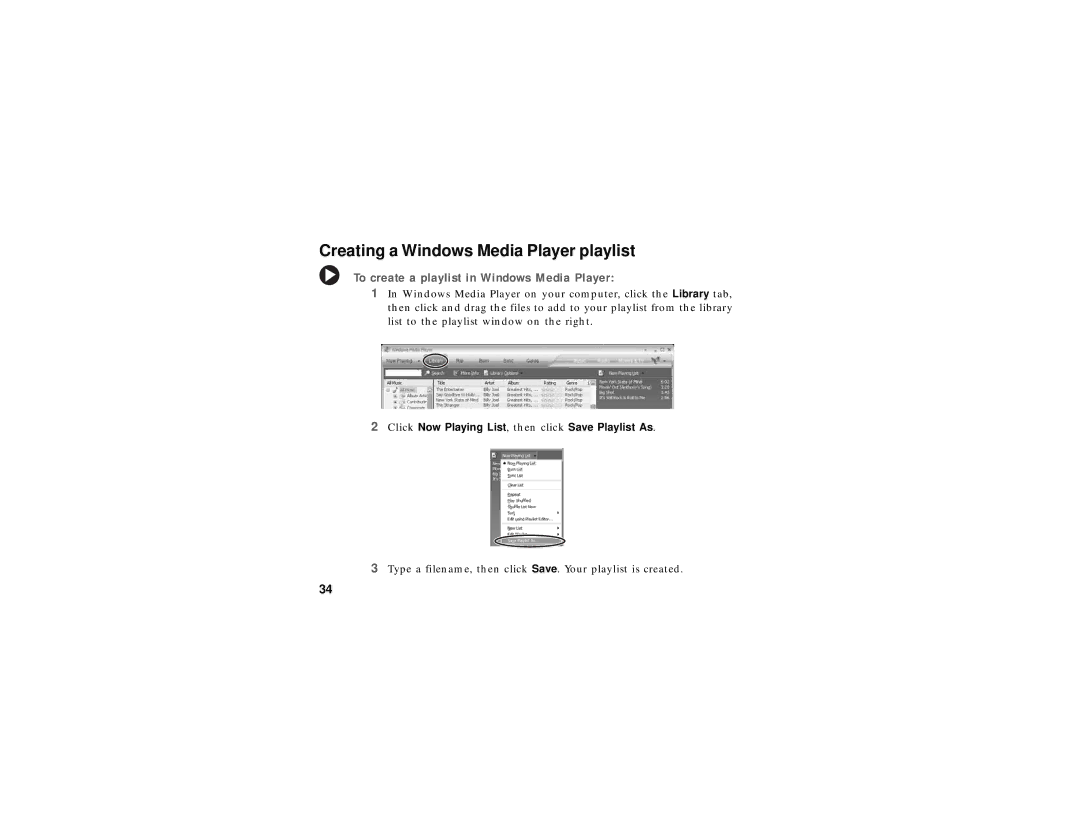 Gateway Jukebox specifications Creating a Windows Media Player playlist, To create a playlist in Windows Media Player 