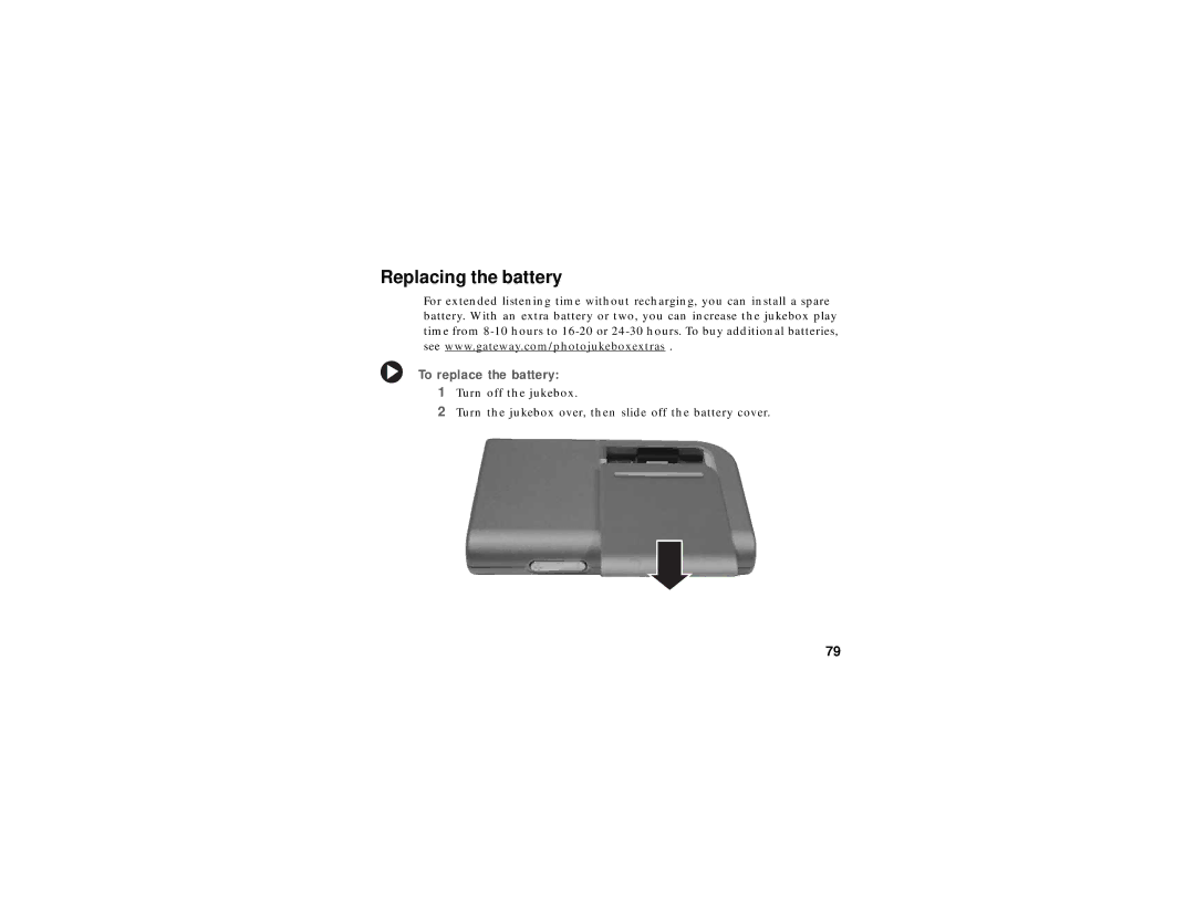 Gateway Jukebox specifications Replacing the battery, To replace the battery 