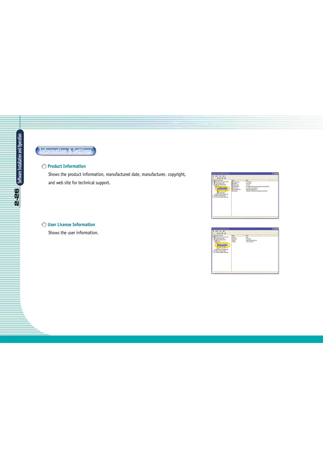 Gateway L110 manual Information & Settings, Product Information, User License Information, Shows the user information 