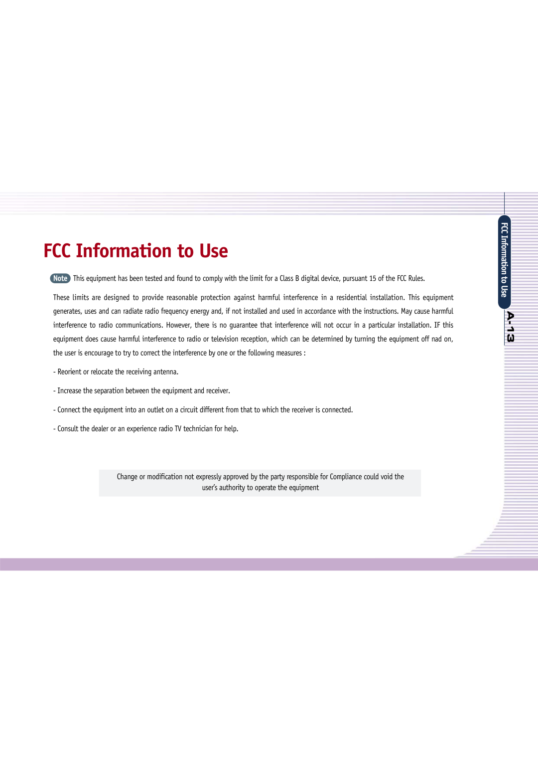 Gateway L110 manual FCC Information to Use, A-13 