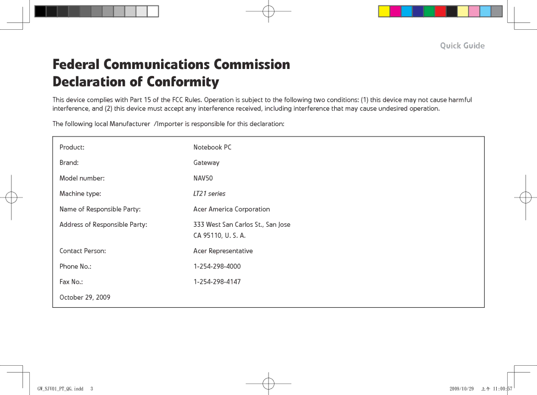 Gateway LT21 manual Federal Communications Commission Declaration of Conformity, Machine type 