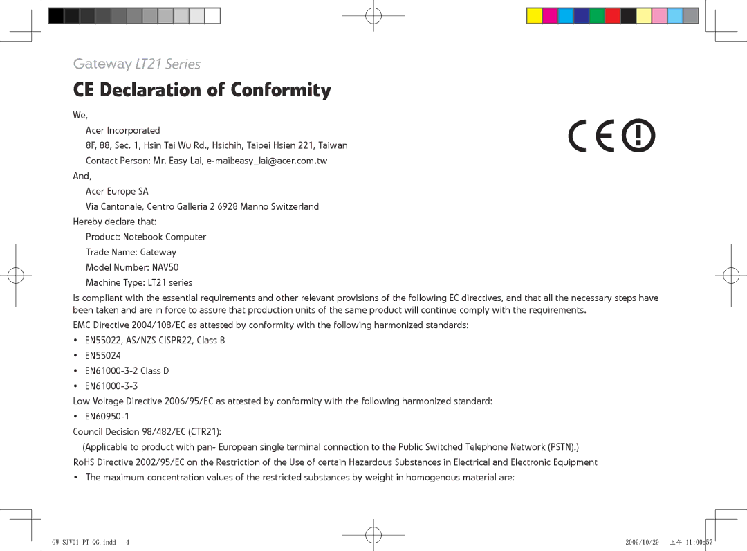 Gateway LT21 manual CE Declaration of Conformity, Acer Incorporated 