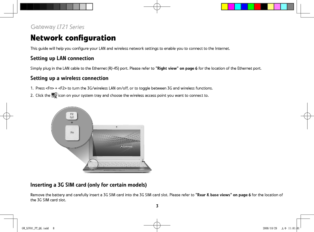 Gateway LT21 manual Network configuration, Setting up LAN connection, Setting up a wireless connection 