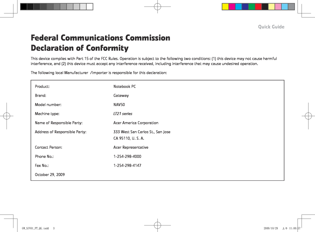 Gateway manual Federal Communications Commission Declaration of Conformity, Quick Guide, LT21 series 