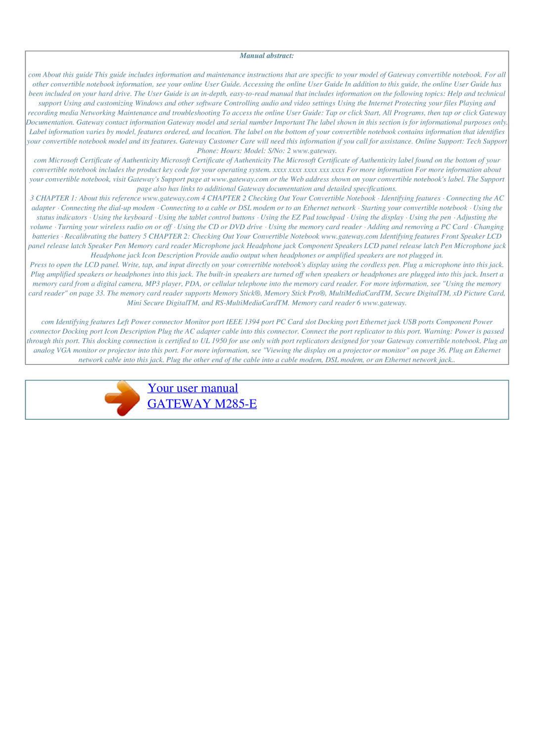 Gateway M285-E user manual Manual abstract 