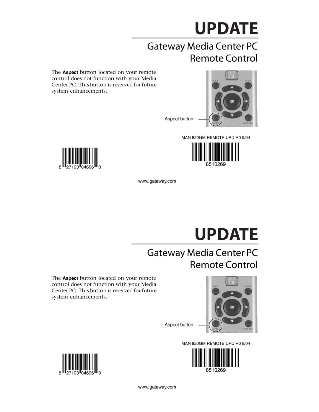 Gateway GX7022E, MAN 820GM manual Update, Gateway Media Center PC Remote Control 