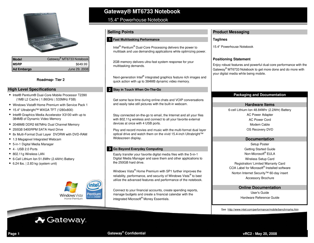 Gateway MT-6733 manual High Level Specifications, Selling Points, Product Messaging, Hardware Items, Documentation 