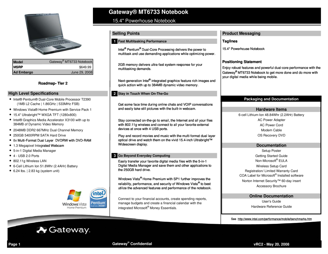 Gateway MT-6733 Gateway MT6733 Notebook, Packaging and Documentation, Page, Powerhouse Notebook, High Level Specifications 
